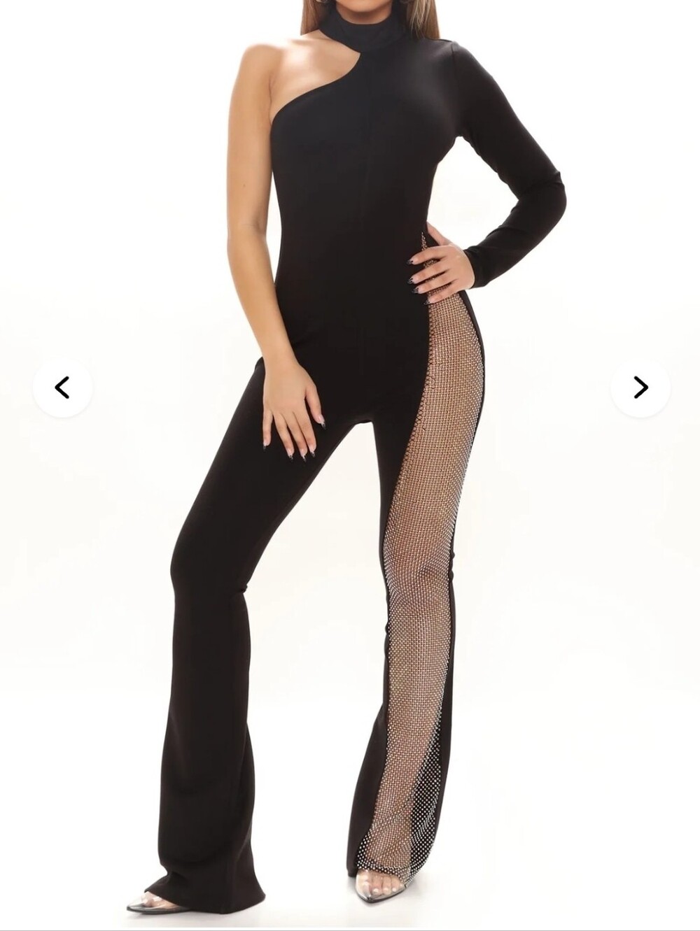 Fashion Nova See Me Shine Embellished Jumpsuit Black One Shoulder Wide Leg